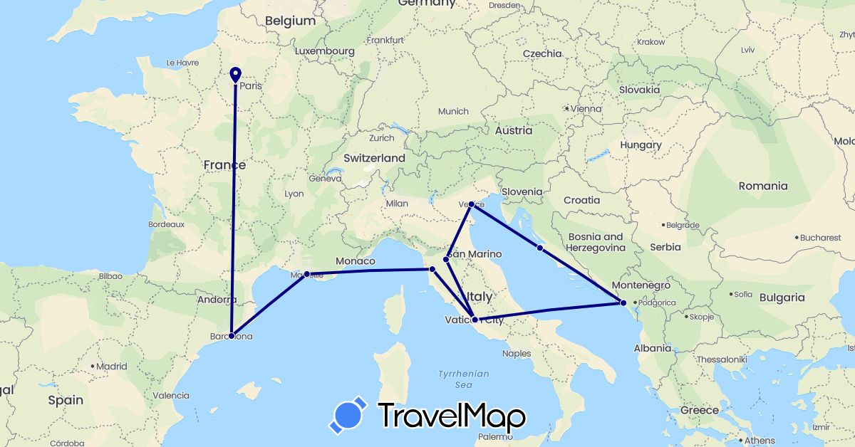 TravelMap itinerary: driving in Spain, France, Croatia, Italy, Montenegro (Europe)